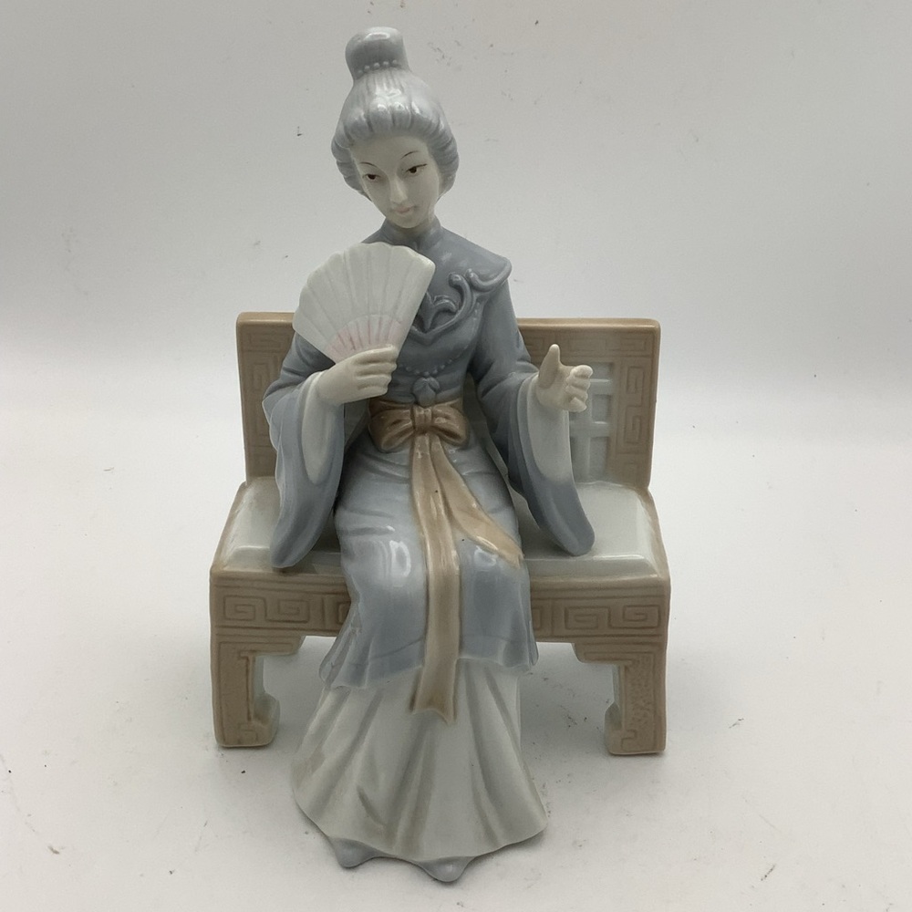 Vintage KPM Porcelain Asian Female Figurine on Bench with Fan